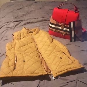 Red and tan plaid faux leather satchel bag with wallet